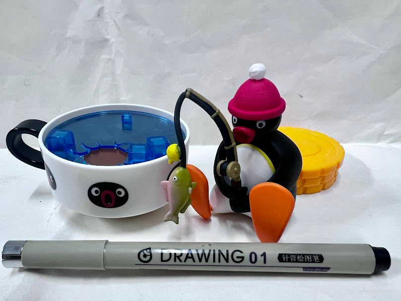 Pygos Pingu action figure Funny Scene - Coffee time fishing /w family tokens