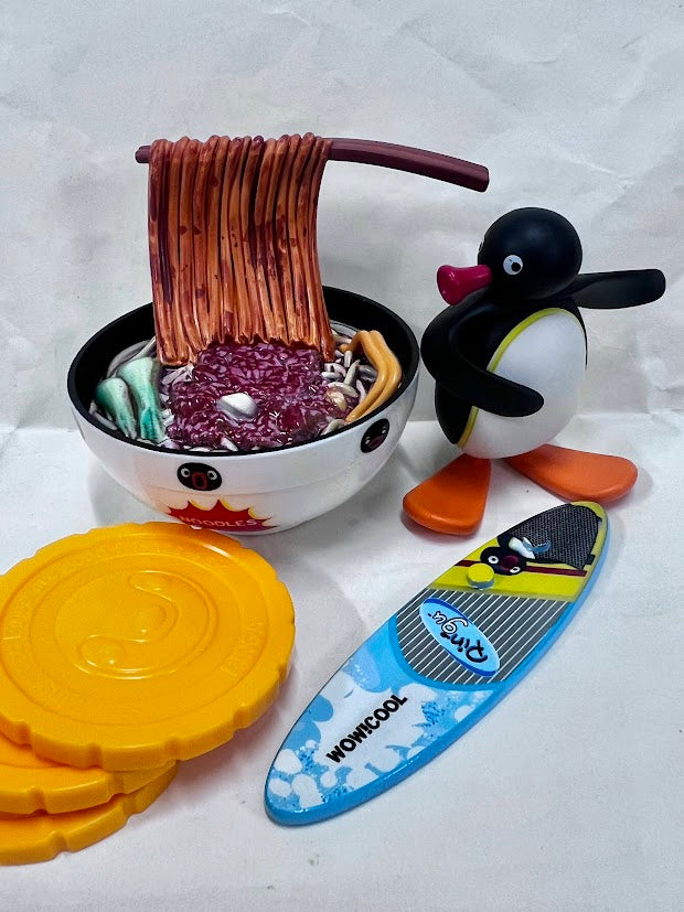 Pygos Pingu action figure Funny Scene - Surfing on noodle